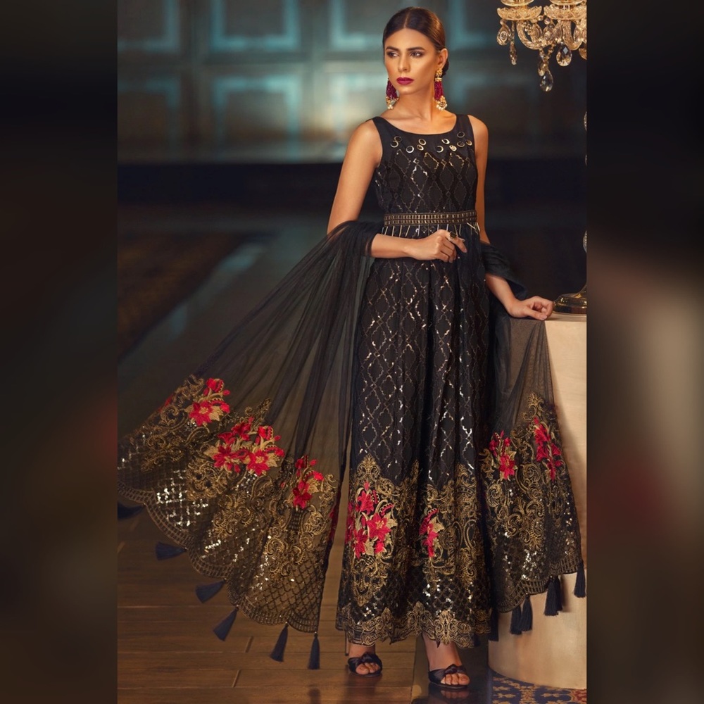 Embroidered Sequin Dress with Dupatta and Trousers - Negotiable